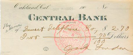 «Jack London Central Bank of Oakland signed check»